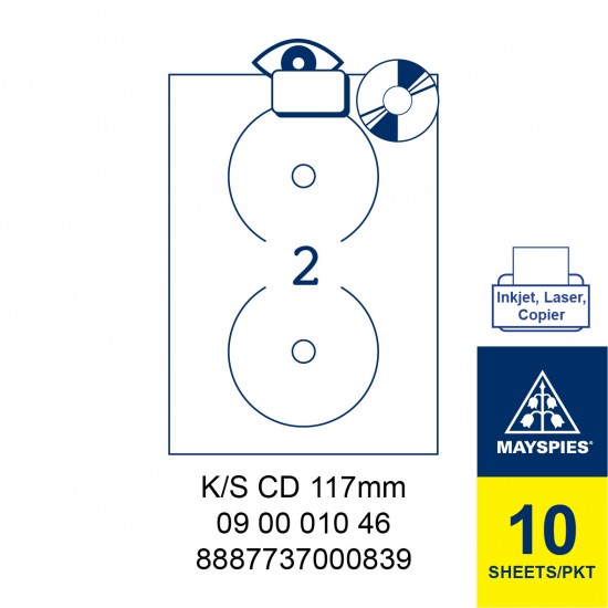 MAYSPIES 09 00 010 46 LABEL FOR INKJET / LASER / COPIER 10 SHEETS/PKT WHITE K/S CD 117MM